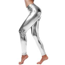 Damen Metallic Leggings glänzende Hose mit hoher Taille Shiny Leggings im Wet Look für Party Tanz Disco Kostüm Karneval Größen Ladies Highwaist Shiny Metallic Leggings (White #2, XXL) von Generisch