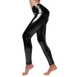 Damen Metallic Leggings glänzende Hose mit hoher Taille Shiny Leggings im Wet Look für Party Tanz Disco Kostüm Karneval Metallic Leggings Glänzend Glitzer Hose High Waist Shiny PU Hosen (2-Black, M) von Generisch