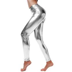 Damen Metallic Leggings glänzende Hose mit hoher Taille Shiny Leggings im Wet Look für Party Tanz Disco Kostüm Karneval Metallic Leggings Glänzend Glitzer Hose High Waist Shiny PU Hosen (2-White, L) von Generisch