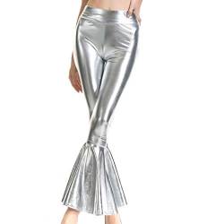 Damen Metallic Leggings glänzende Hose mit hoher Taille Shiny Leggings im Wet Look für Party Tanz Disco Kostüm Karneval Metallic Leggings Glänzend Glitzer Hose High Waist Shiny PU Hosen (4-Silver, S) von Generisch