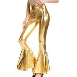 Damen Metallic Leggings glänzende Hose mit hoher Taille Shiny Leggings im Wet Look für Party Tanz Disco Kostüm Karneval Metallic Leggings Glänzend Glitzer Hose High Waist Shiny PU Hosen (4-Gold, L) von Generisch