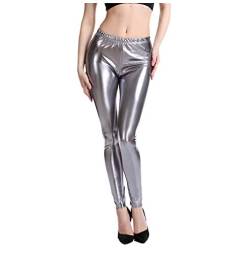 Damen Metallic Leggings glänzende Hose mit hoher Taille Shiny Leggings im Wet Look für Party Tanz Disco Kostüm Karneval Metallic Leggings Glänzend Glitzer Hose High Waist Shiny PU Hosen (6-Silver, L) von Generisch