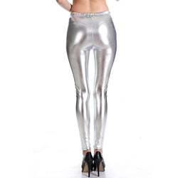 Damen Metallic Leggings glänzende Hose mit hoher Taille Shiny Leggings im Wet Look für Party Tanz Disco Kostüm Karneval Metallic Leggings Glänzend Glitzer Hose High Waist Shiny PU Hosen (6-White, M) von Generisch