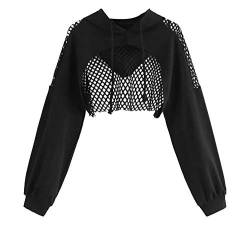 Damen Oversized Hoodies Frauen Solid Cutout Mesh-Einsatz Cropped Hoodie Sweatshirt Langarm Crop Top Sport Oversized Halloween Sweatshirts Kapuzenpulli Sweatjacke von Generisch