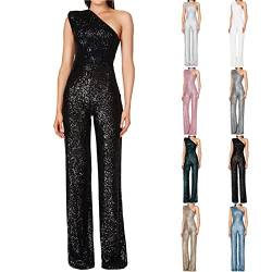 Damen Pailletten Overall Ärmellos Einteiler Lang Abend Hosenanzug Jumpsuits Damen V-Ausschnitt Glitzer Strampler Rave Weites Bein Outfits Elegant Playsuit Romper Cocktail Sexy One Shoulder Jumpsuits von Generisch