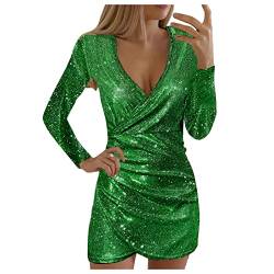 Damen Pailletten Partykleid Abendkleid Ballkleid V-Ausschnitt Sexy Glänzend Paillettenkleid Elegante Enges Minikleid Langarm Clubwear Kurz Wickelkleid Festliche Pailletten Glitzerkleid (Green-a, L) von Generisch