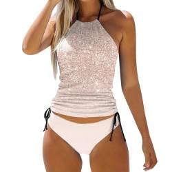 Damen Push Up Badeanzüge Zweiteiler Bikini Set Gepolsterter Kordelzug Seitliche Bademode Neckholder Glitzer Bedruckt Tankini Sets Schwimmanzug Strandmode(Beige, L) von Generisch