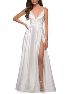 Damen Satin Sweetheart Brautjungfernkleid V-Ausschnitt Spaghetti TräGer Formelles Kleid Langer Schlitz Formelle Hochzeitsballkleider White M von Generisch