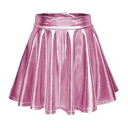 Damen Sexy PU Falten Kurze Röcke Hohe Taille Solide Stretchy Kunstleder Minirock Rock Kurze Minirock Shiny Metallic Plisseerock Rock Low Rise Röcke Damen Große Größen PU Falten Kurze (Pink-A, XL) von Generisch