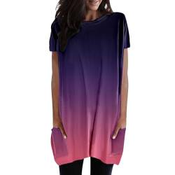 Damen Shirt Kurzarm Rundhals Oberteil Tshirt Einfarbig Casual Lockere T-Shirt Tops Mit Taschen Elegant Kurzarmshirt Mädchen Lässig Rundkragen Oversize Blusen Oversize Baumwolle Shirt (Hot Pink-a, L) von Generisch