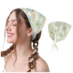 Damen Stirnbänder, gestricktes Kopftuch, weißes Gänseblümchen, Kopftuch, Haarbandana, Vintage, Hippie, Stirnband, Krawatte, Halstuch, Boho-Haarschmuck, lang von Generisch