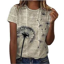 Damen-T-Shirt mit Blumen- und Zeitungsdruck, Rundhalsausschnitt, Kurze Ärmel, lässiges Sport-T-Shirt, locker, Tunika für Damen, Herbst, beige, Small von Generisch