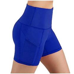 Damen Yoga Shorts Hotpants Fitness Shorts Blickdicht Kurz Radlerhose Laufshorts Workout Shorts mit Eingrifftasche (Blau, L) von Generisch