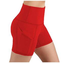 Damen Yoga Shorts Hotpants Fitness Shorts Blickdicht Kurz Radlerhose Laufshorts Workout Shorts mit Eingrifftasche (Rot, M) von Generisch