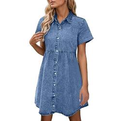 Denim-Kleid Knielang Sommer Damen Jeanskleid Elegante Revers Kragen Kleider Gemütliche Kurze Ärmel Gestaffelt Denim Babydoll Jean Kleid Knopfleiste Streetwear Lässiges Jeanskleid von Generisch