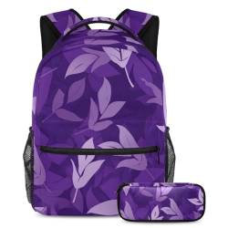 Dieses Set aus Rucksack und Federmäppchen ist ideal für Studenten und bietet Funktionalität und Stil mit violetten Blättern, mehrfarbig, B：29.4x20x40cm P：19x7.5x3.8cm, Tagesrucksäcke von Generisch