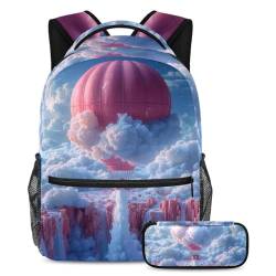 Drücken Sie Ihren persönlichen Stil aus, Rucksack mit Federmäppchen, ideales Set für Jungen, Mädchen und Teenager, rosa Heißluftballon-Muster, mehrfarbig, B：29.4x20x40cm P：19x7.5x3.8cm, von Generisch