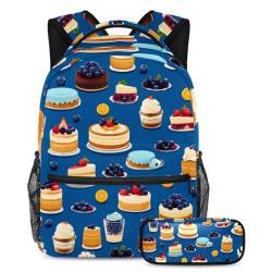 Effizienz trifft Stil, Rucksack mit Federmäppchen, 2-teiliges Set, unverzichtbare Reisebuchtasche für Jungen, Mädchen und Teenager, blaues Dessert-Muster, mehrfarbig, B：29.4x20x40cm P：19x7.5x3.8cm, von Generisch