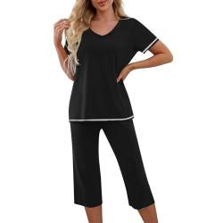 Einfarbiges Pyjama-Set für Damen, Pyjama-Set, Sommer, 2-teiliges Outfit, Pyjama, kurzärmeliges Oberteil + Capri-Set, Nachtwäsche, zweiteiliges Lounge-Set für Damen, schwarz 1, 42 von Generisch