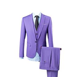 Eleganter 3-teiliger Anzug für Herren Business-Jacken-Set mit Schmaler Passform Solidem Ein Knopf Set Hochzeit Prom Blazer Smoking Weste & Hose (Violett 1,XL) von Generisch