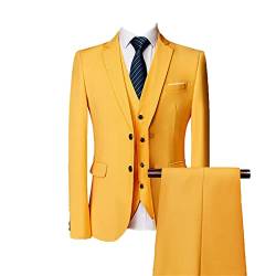 Eleganter 3-teiliger Anzug für Herren Slim Fit Solid 2-Knopf Business Sakko Set Hochzeit Prom Blazer Smoking Weste & Hose (Gelb,4XL) von Generisch