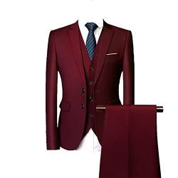 Eleganter 3-teiliger Anzug für Herren Slim Fit Solid 2-Knopf Business Sakko Set Hochzeit Prom Blazer Smoking Weste & Hose (Rot 2,3XL) von Generisch