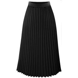 Faltenrock Damen Sommer Midi Lang Plisseerock Elegent Boho Elastisch Chiffon Rock Sommer Strandrock Hohe Taille Flared Arbeit Casual Knielang Rock L A Schwarz von Generisch