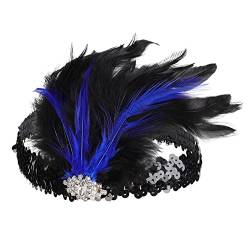 Flapper-Stirnband, schwarze Feder-Kopfbedeckung, Strass, Haarband, Cocktail-Kopf-Zubehör für Damenbänder, Brillen (Blau, Einheitsgröße) von Generisch