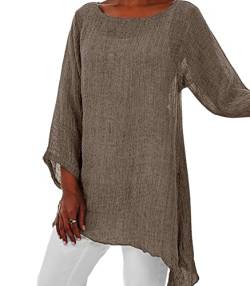 Frauen Hemd Sommer Baumwolle Leinen T-Shirt Tops Trendy Solid Loose Fit Bluse Langarm Vintage Rundhalsausschnitt Plus Size Kleidung (4XL,Khaki) von Generisch