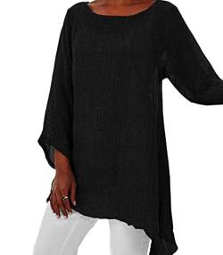 Frauen Hemd Sommer Baumwolle Leinen T-Shirt Tops Trendy Solid Loose Fit Bluse Langarm Vintage Rundhalsausschnitt Plus Size Kleidung (XL,Schwarz) von Generisch