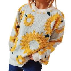 Frauen Herbst/Winter Top Sunflower Jacquard Rundhals Langarm Gestrickte Pullover Pullover Basic Langarmshirt Top Baumwollmischung Pulli Leichte Rundhals Pullover Tops Für Herbst Winter von Generisch