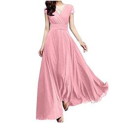 Freizeitkleid Swing Stretchy Kleider Frauen V-Ausschnitt Feste Farbe Kurzarm-Chiffon Taille zum schließen Abendkleid Festliche Strandkleid Damen (Pink, XXXXXL) von Generisch