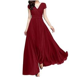 Freizeitkleid Swing Stretchy Kleider Frauen V-Ausschnitt Feste Farbe Kurzarm-Chiffon Taille zum schließen Abendkleid Festliche Strandkleid Damen (Red, L) von Generisch