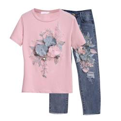 Generisch 2 Teilig Modische Gerade Bein Jeanshose Outdoor Freizeitanzug Mit Drei Blumen Grenze Beliebter Frühling Sommer Besticktes T Shirt Zerrissene Jeans Langes Damen Hosenanzug Lässig (Pink, L) von Generisch