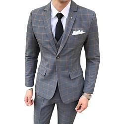 Generisch 3 Teiliges Kariertes Anzug Set für Herren Slim Fit Plaid One Button Stilvolle Smoking Sets Einreihige Hochzeit Jacke Weste Hose (L,Grau) von Generisch