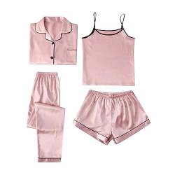 Generisch 4-teiliges Damen-Pyjama-Set aus Satin und Seide mit Langen Ärmeln und Knopfleiste Transparente Damen Blusen (Pink, S) von Generisch