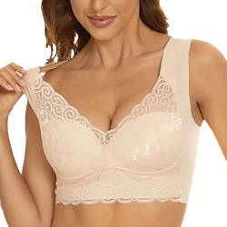 Generisch BH Damen Ohne Bügel Komfort Spitze Nahtloser Minimizer BH Starker Halt Klassischer BH Push Up Soft Damen-BHS Baumwoll Atmungsaktiv Bralette Wohlfühl Bustiers Top Beige L von Generisch