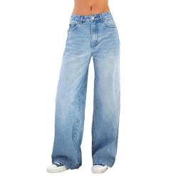 Generisch Baggy Damen Jeans Vintage Hosen Mode lässig hohe Taillentaschen gerades Bein Weite Bein Jeans weiblicher Knopf lockere einfarbige Hose (Dark Blue, L) von Generisch