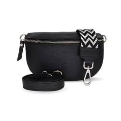 Bella Blossom Bauchtasche Damen, Umhängetasche aus 100% Echtleder, Elegante Crossbody-Bag mit gemusterten & verstellbaren Schultergurt, Schultertasche für jeden Anlass Schwarz3 L von Generisch