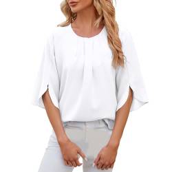 Generisch Bluse Damen Sommer 1/2 Arm Oberteile Elegant Tunika Schickes Damenblusen Oberteil Einfarbig Rundhalsausschnitt Fledermausärmel Tops Plissee Bluse Flowy Sommerbluse Weiß XL von Generisch