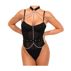 Generisch Body Damen Sexy Bodysuit mit abnehmbaren Ketten Oberteil Schmal Festival Body Oberteil Body Dessous Clubwear - Club Party Rave Festival Outfits für Dame (L) von Generisch