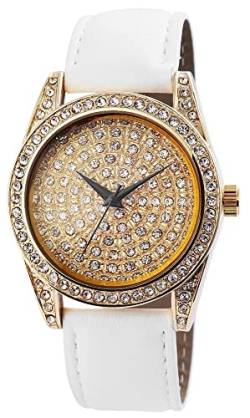 Generisch Damen Armband Uhr Weiß Gold Analog Strass Crystal Steine Kunst Leder von Generisch