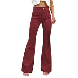 Generisch Damen Cord Schlaghose Mit Elastischer Taille Und Bell Bottom Hose Laufhose Damenhose Elegant Schwarz Outdoorhose Winter Skinny High Waist Für Outdoor Lang Damenhosen Stretch Hosen (Red, M) von Generisch