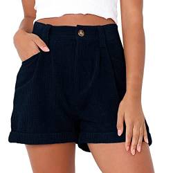 Generisch Damen Cord-Shorts mit Taschen Mittlere Taille, Cord-Shorts mit Bündchen und Taschen, Lockere, Kurze Hose (Dunkelblau,L) von Generisch