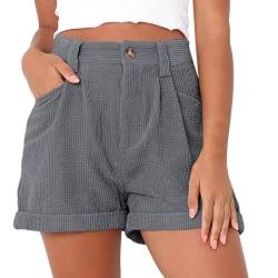 Generisch Damen Cord-Shorts mit Taschen Mittlere Taille, Cord-Shorts mit Bündchen und Taschen, Lockere, Kurze Hose (Grau,XXL) von Generisch