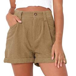 Generisch Damen Cord-Shorts mit Taschen Mittlere Taille, Cord-Shorts mit Bündchen und Taschen, Lockere, Kurze Hose (Khaki,M) von Generisch
