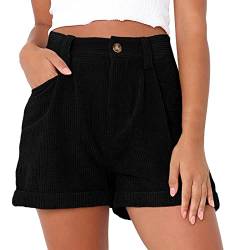 Generisch Damen Cord-Shorts mit Taschen Mittlere Taille, Cord-Shorts mit Bündchen und Taschen, Lockere, Kurze Hose (Schwarz,XL) von Generisch