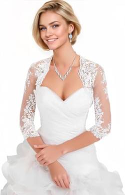 Generisch Damen Hochzeit Top Spitzen-Jacke für die Braut Spitzen Bolero Bolerojäckchen Jacke 3/4 Langer Ärmel Elfenbein L von Generisch