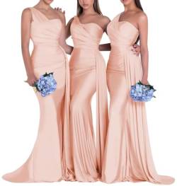 Generisch Damen One Shoulder Brautjungfernkleider für Hochzeit Meerjungfrau Satin Abschlussball Kleider Lange Schleppe High Fork Abendkleider Peach S von Generisch