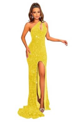 Generisch Damen Pailletten Abschlussball Kleider One Shoulder Elegante Meerjungfrau Abend Party Kleider Mit Schleppe Hoch Split Maxi Party Kleid Yellow S von Generisch